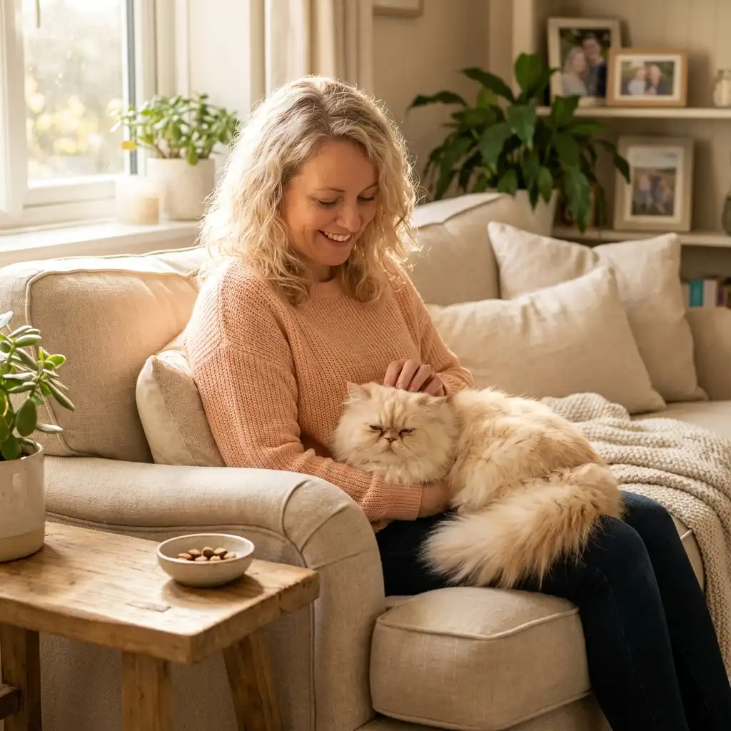 Женщина поощряет кошку лакомством после приема таблетки