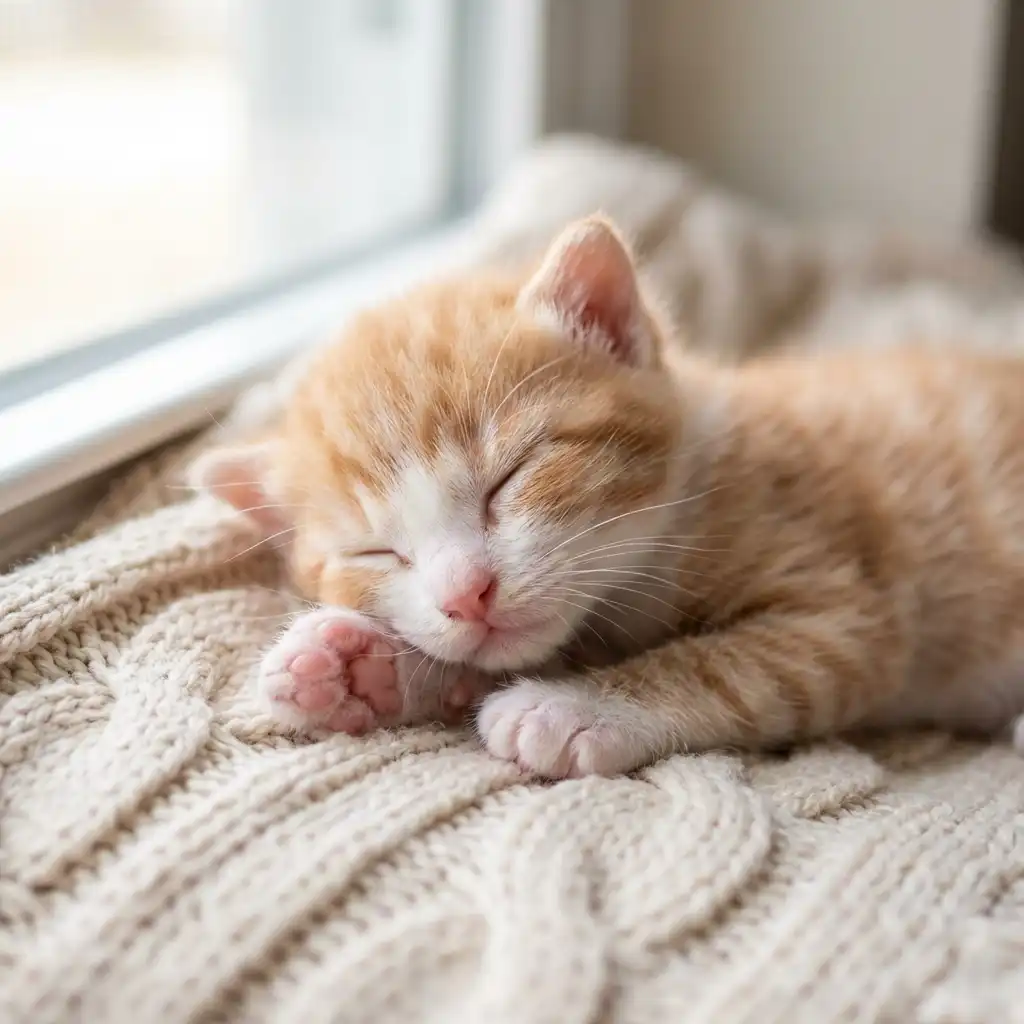 Новорождённый котёнок спит на мягком одеяле, показывая здоровое развитие