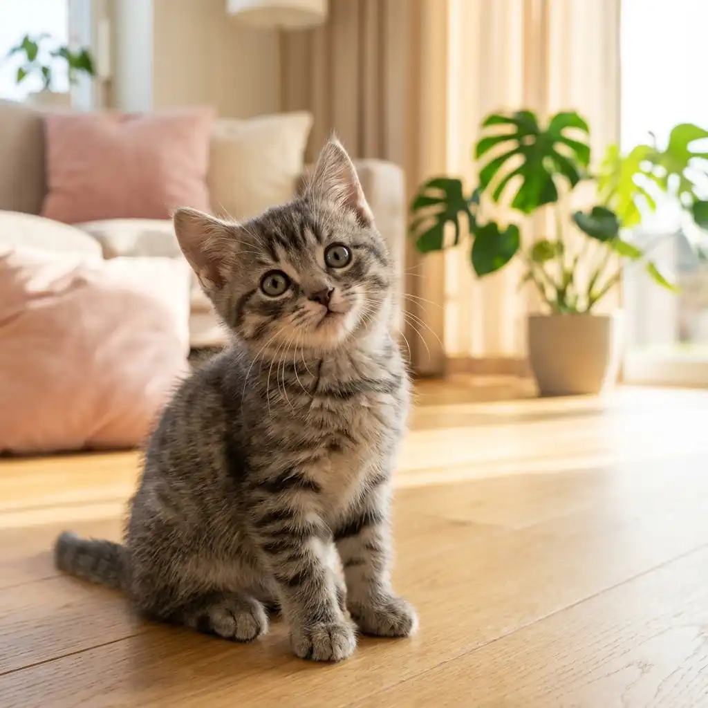 Двухмесячный котёнок с любопытным взглядом в домашней обстановке