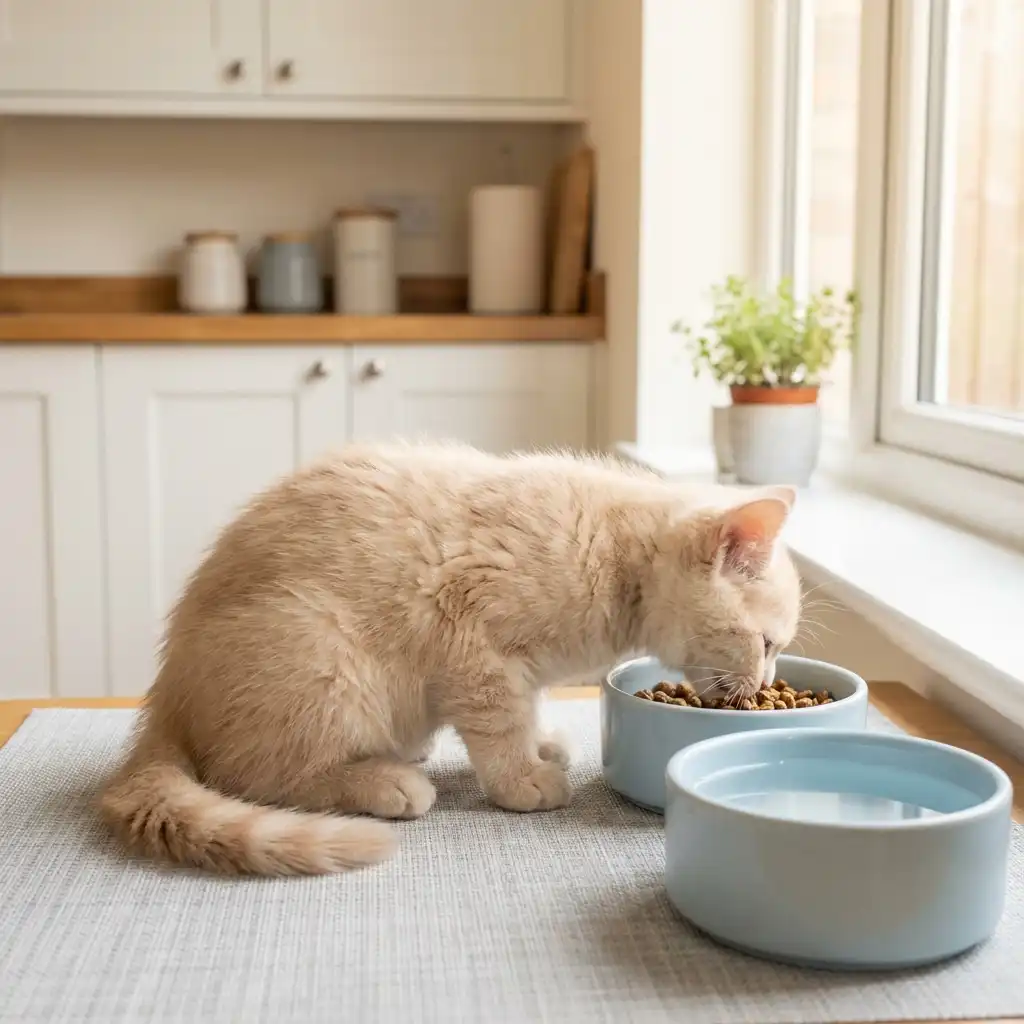 Котёнок ест из миски, демонстрируя правильное питание для набора веса