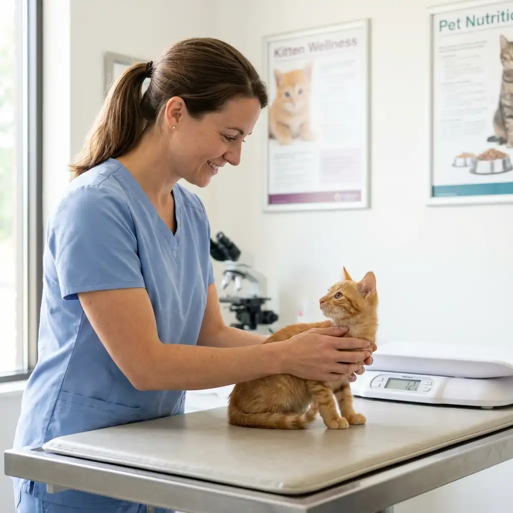 Ветеринар осматривает котёнка, проверяя его вес и общее состояние здоровья