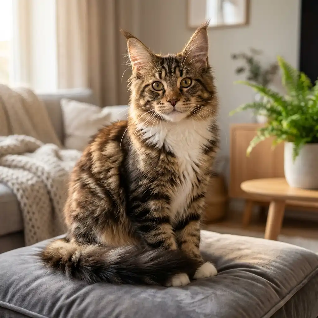 Котёнок породы мейн-кун демонстрирует характерный размер для крупной породы