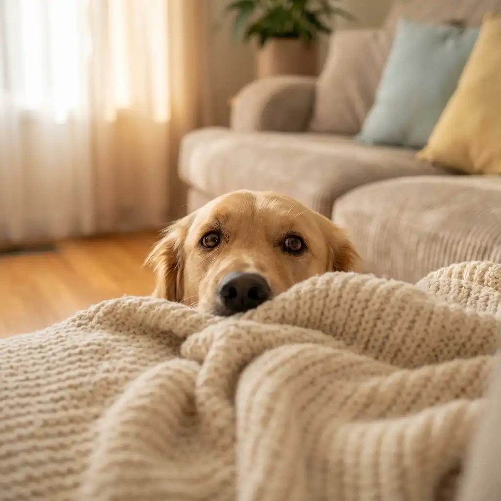 Испуганная собака прячется под тёплым одеялом от новогодних салютов