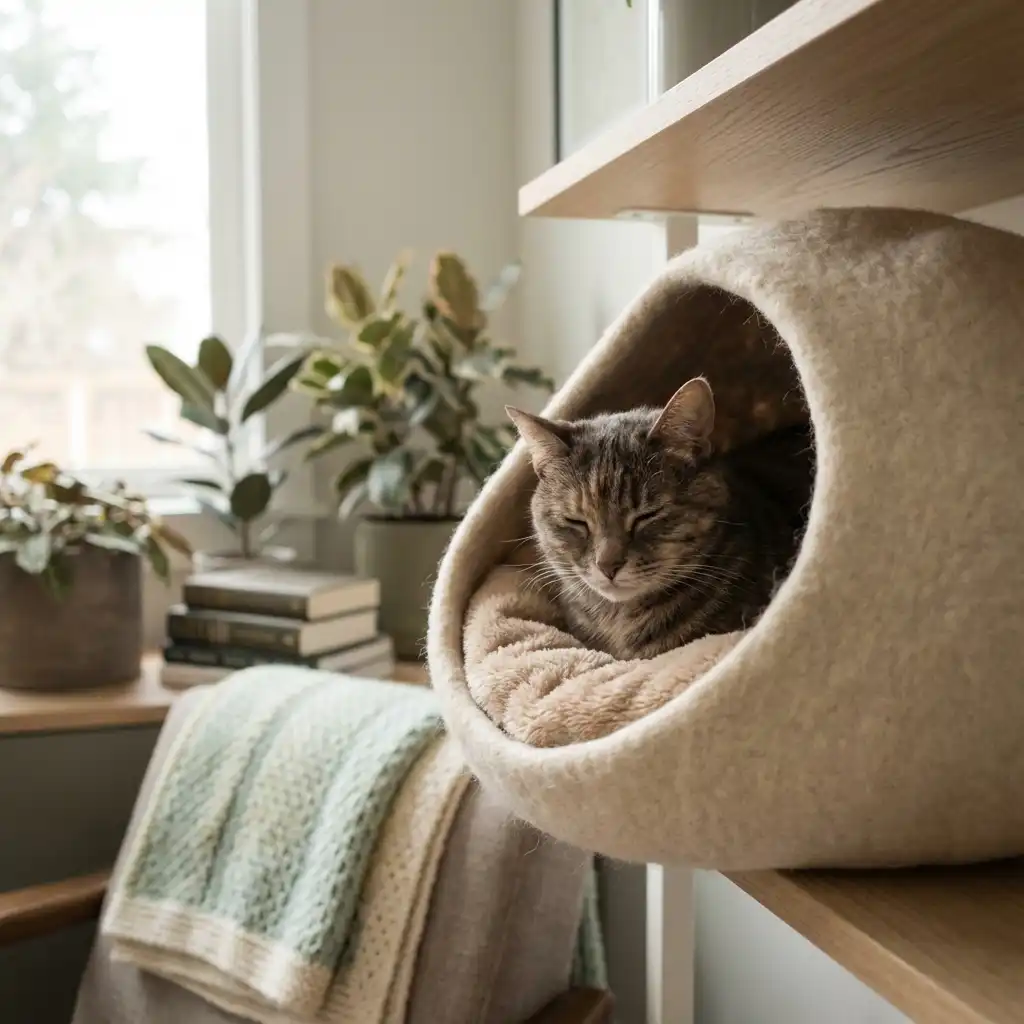 Кошка отдыхает в уютном укрытии на возвышении в тихой комнате