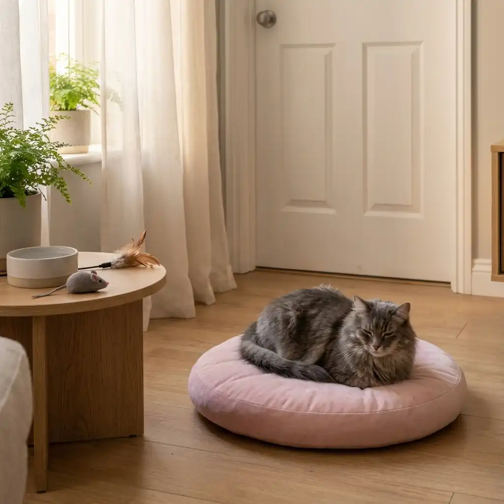 Кошка спокойно отдыхает в отдельной тихой комнате во время праздника