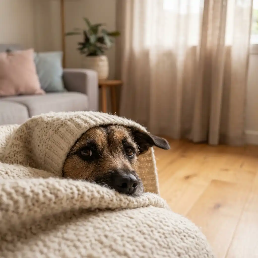 Испуганная собака прячется под одеялом во время грозы