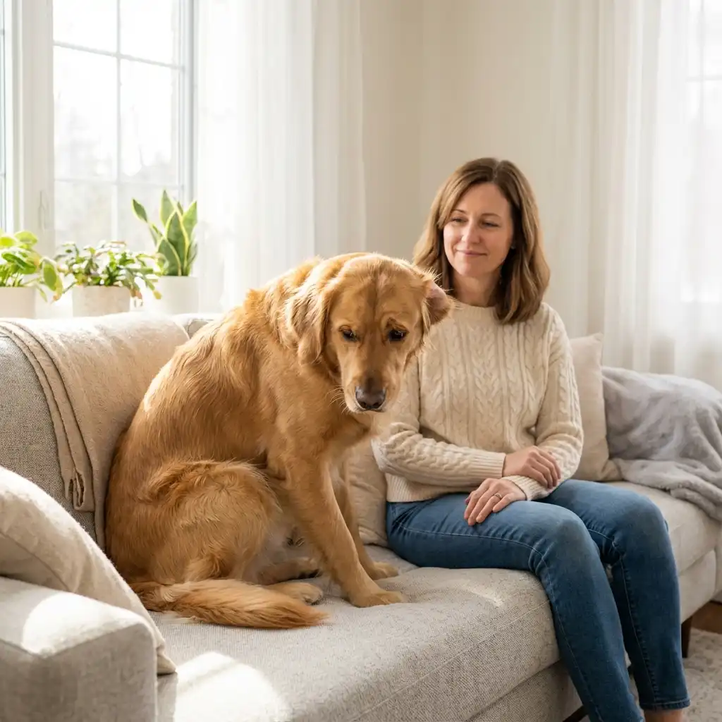 Встревоженная собака с прижатыми ушами рядом со спокойным владельцем