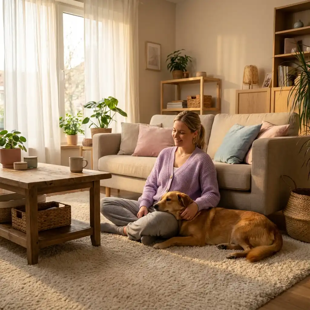 Спокойный владелец и расслабленная собака в домашней обстановке