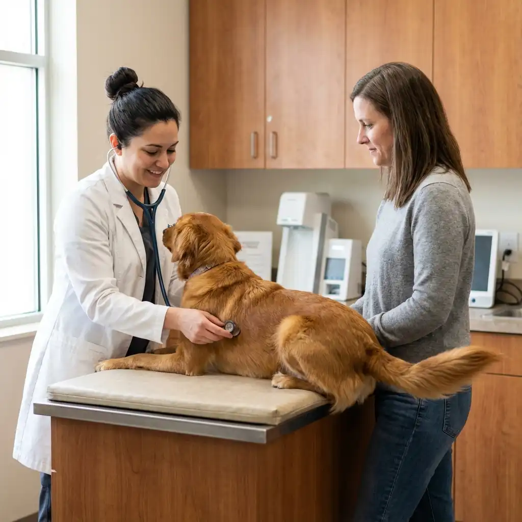 Ветеринар осматривает спокойную собаку в клинике