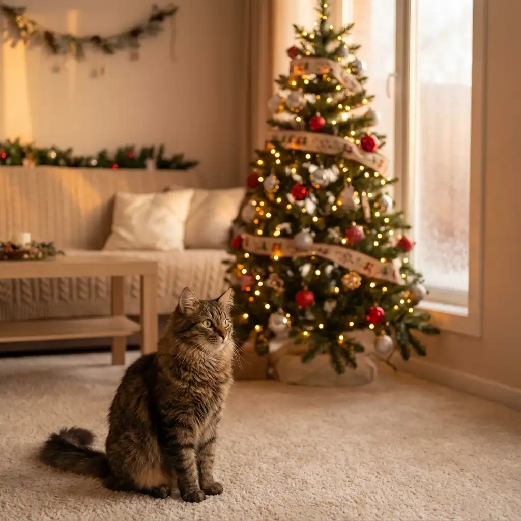 Любопытный полосатый кот смотрит на новогоднюю елку в уютной гостиной