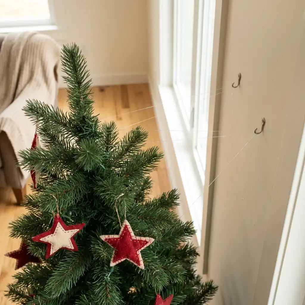 Новогодняя елка надежно закреплена прозрачной леской к стене для безопасности кошки