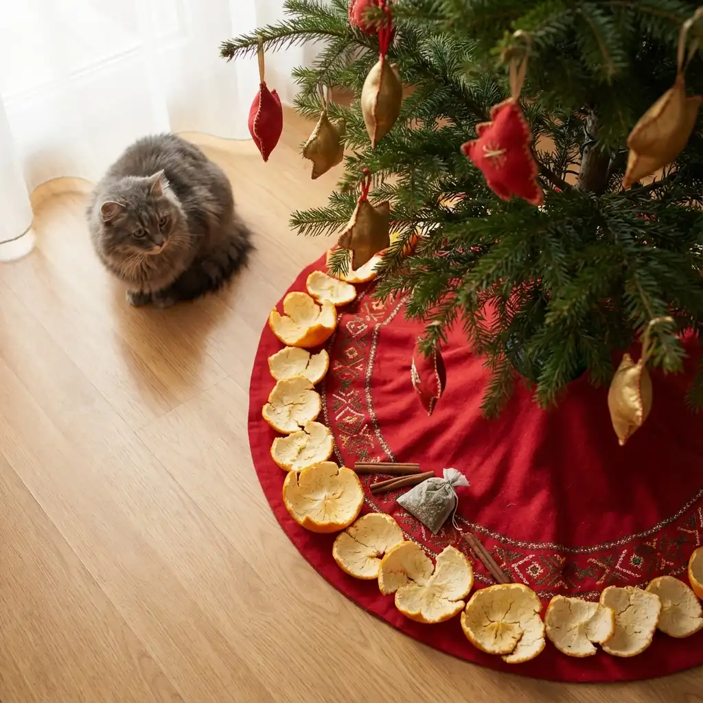 Свежие апельсиновые корки разложены вокруг основания новогодней елки для защиты от кошки
