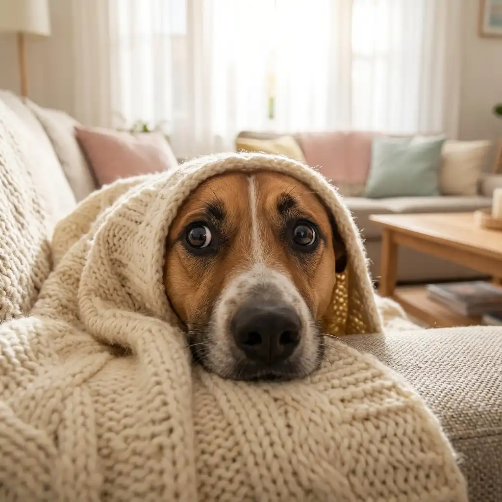 Испуганная собака прячется под теплым пледом на диване
