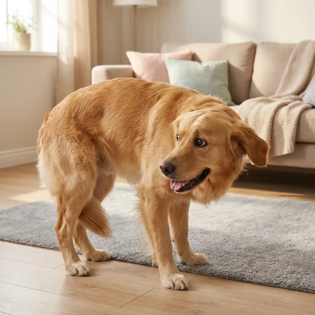 Собака демонстрирует признаки стресса: прижатые уши, опущенный хвост