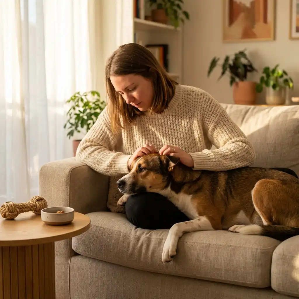 Женщина успокаивает испуганную собаку нежными поглаживаниями дома