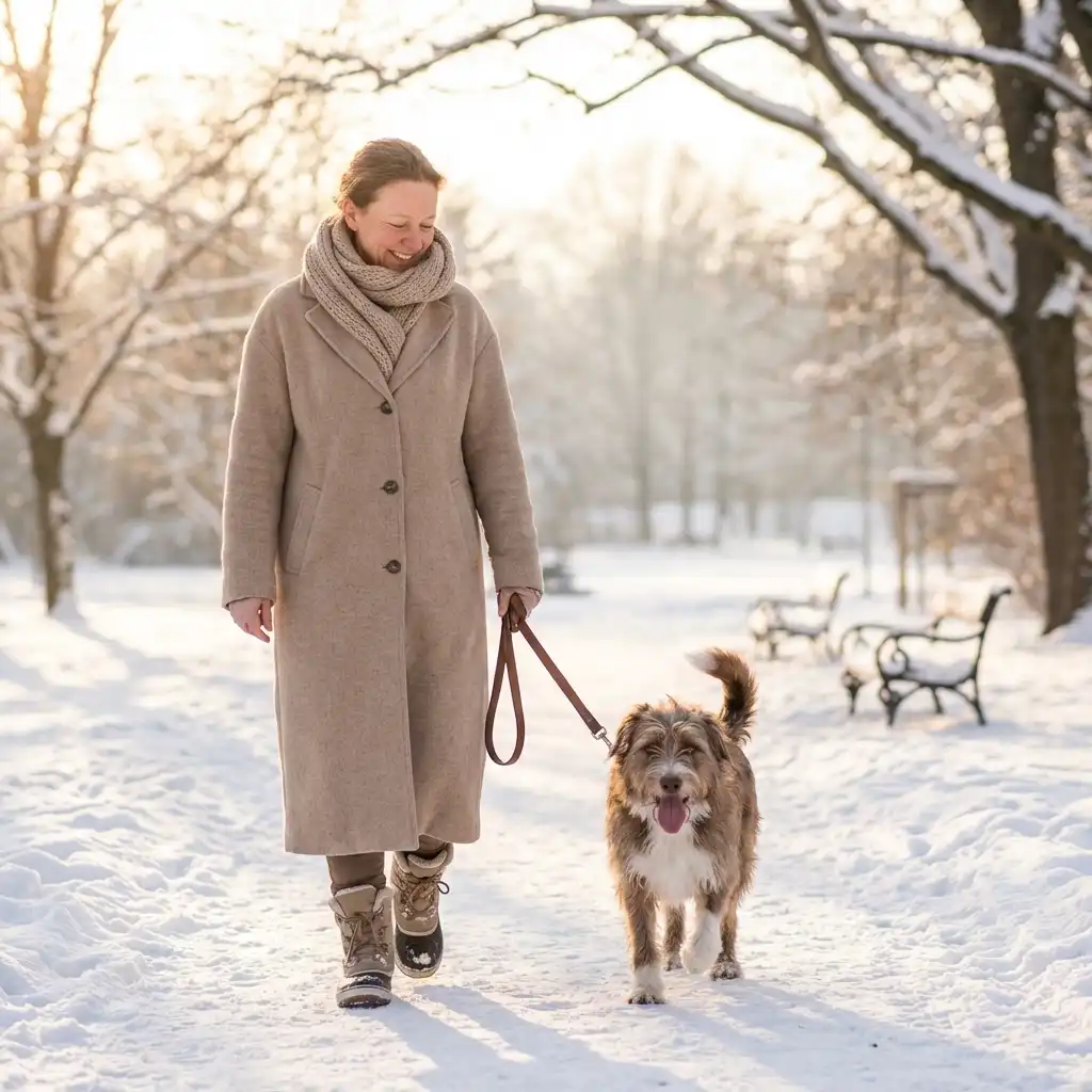 Женщина гуляет с собакой по заснеженному парку в тёплой одежде