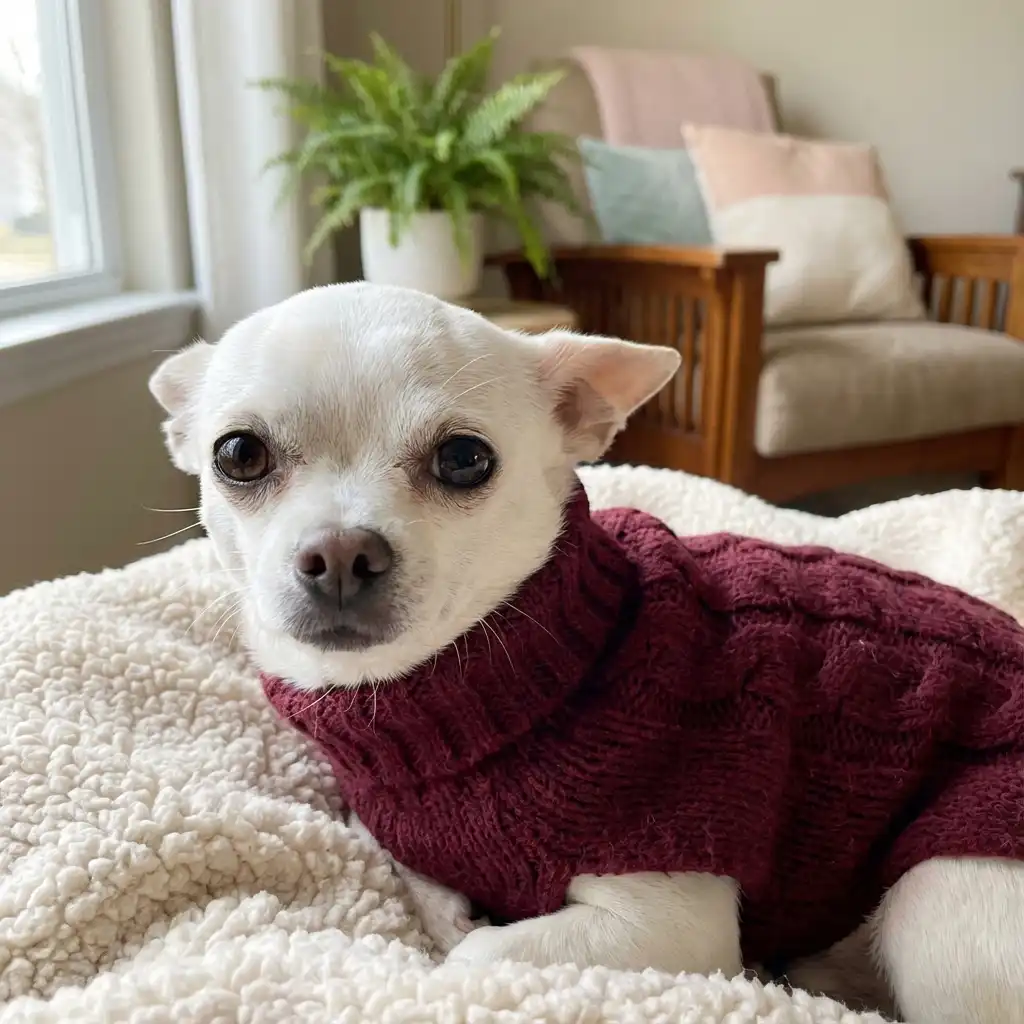 Маленький чихуахуа в вязаном свитере сидит на мягком пледе дома