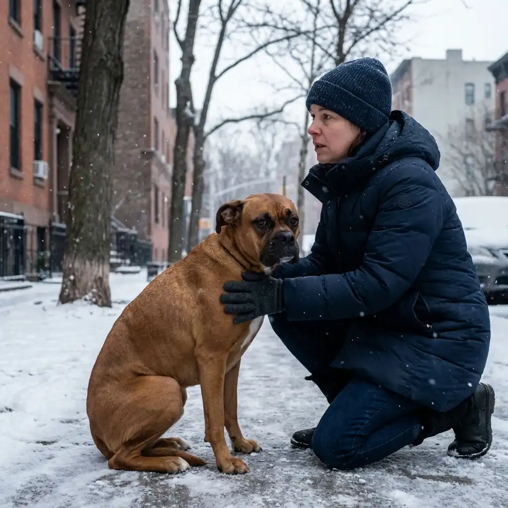 Собака дрожит от холода на улице, хозяйка проявляет заботу