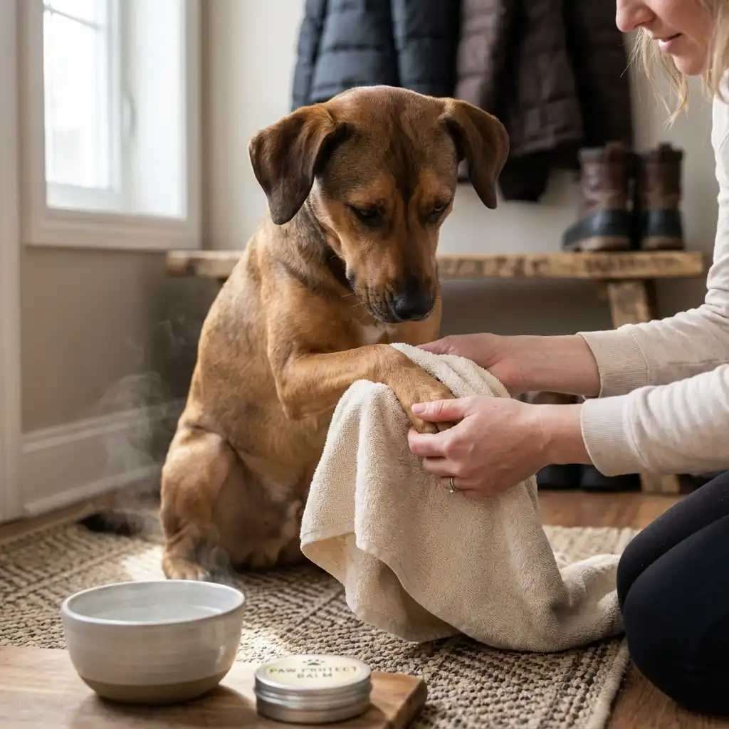Хозяйка бережно ухаживает за лапами собаки после зимней прогулки