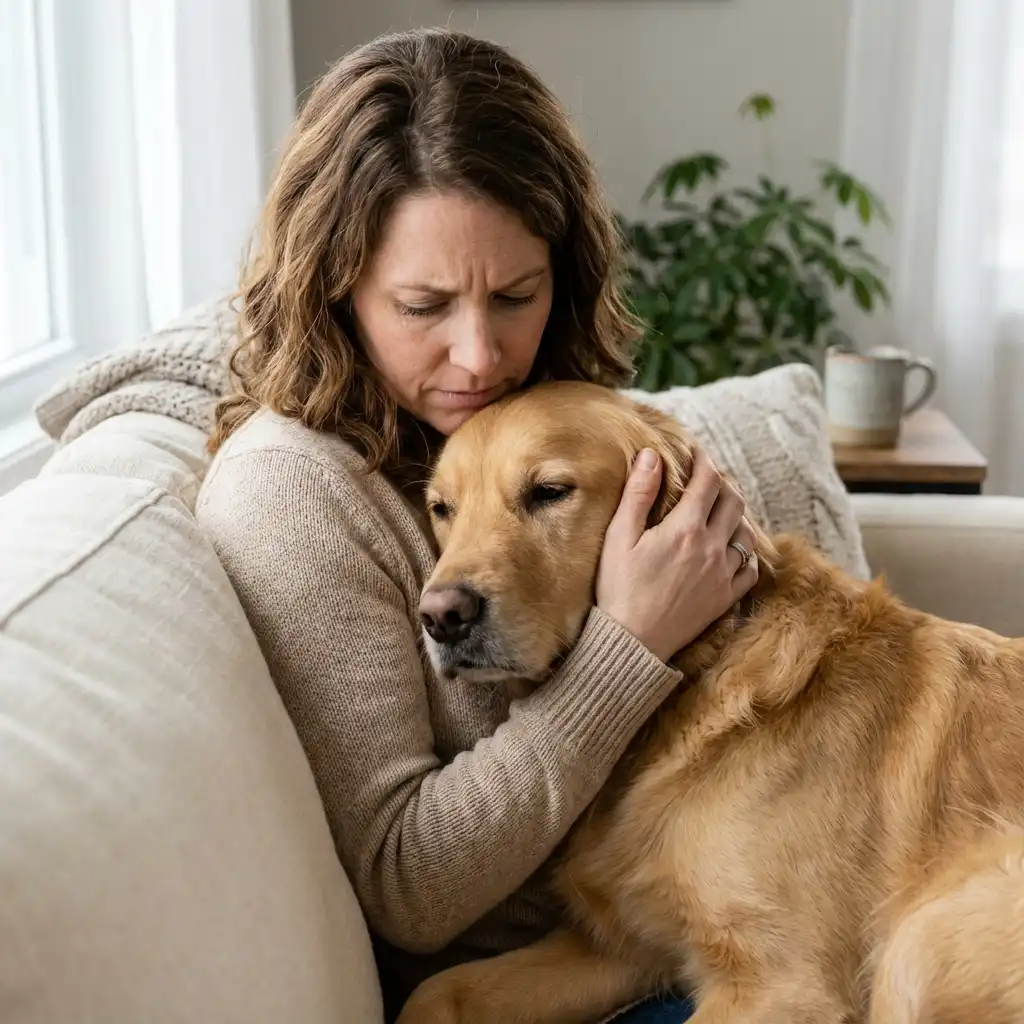 Обеспокоенная хозяйка нежно обнимает заболевшую собаку на диване дома
