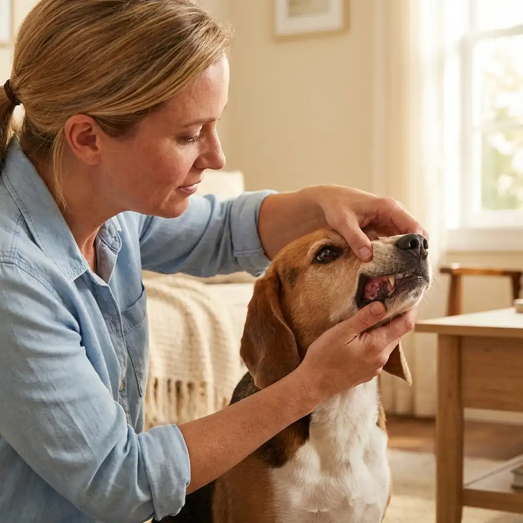Хозяйка проверяет цвет дёсен собаки для оценки состояния здоровья