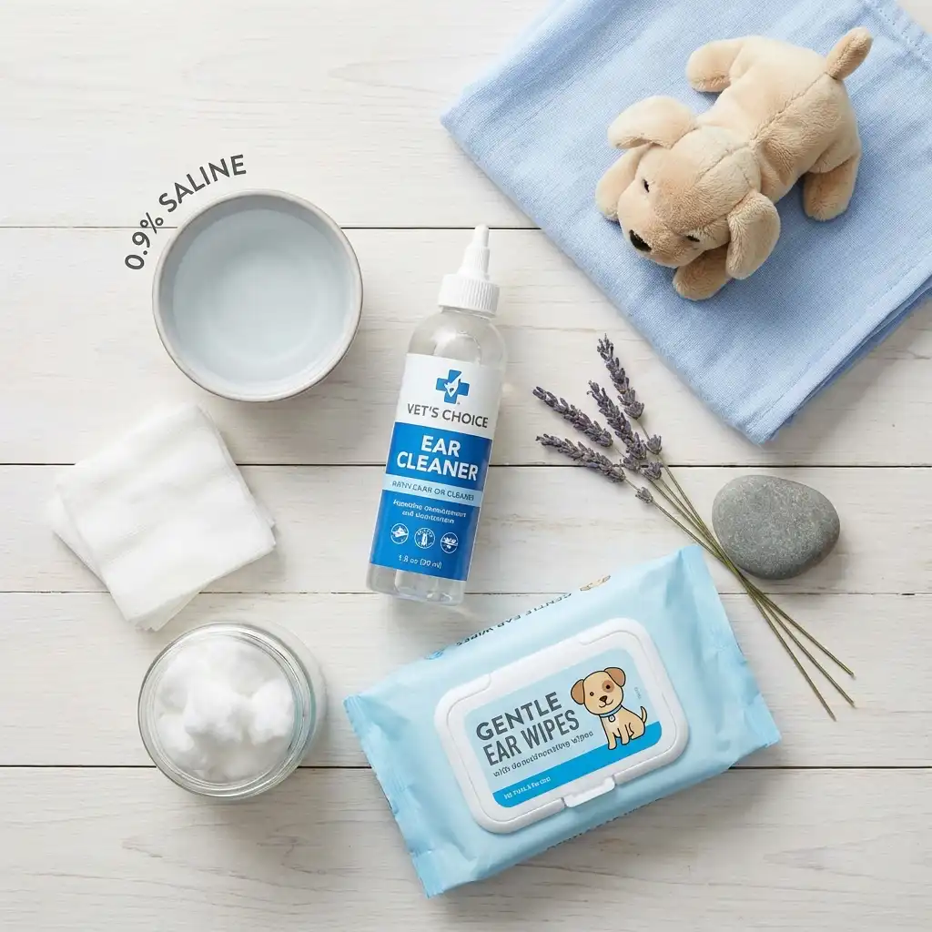 Набор безопасных средств для чистки ушей собаке: лосьон, марлевые салфетки, физраствор
