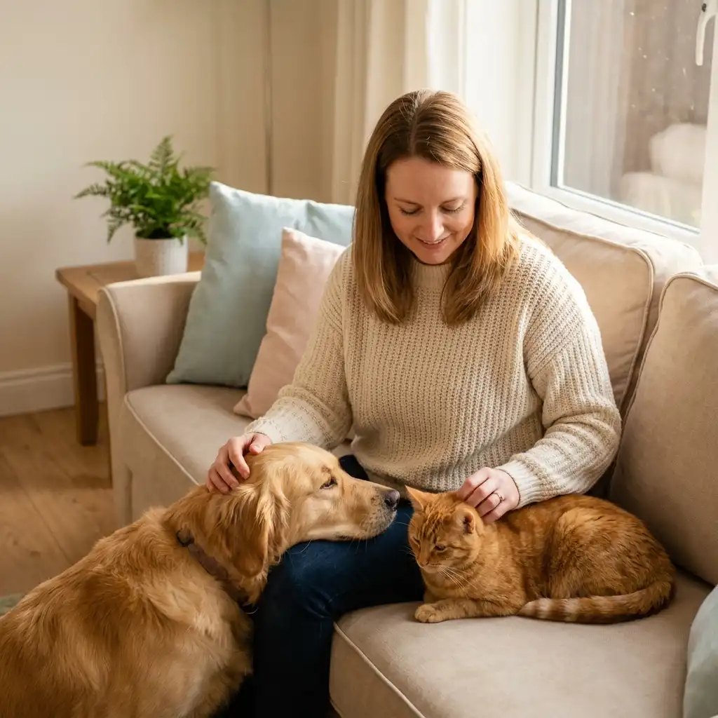 Женщина с кошкой и собакой на диване в уютной гостиной