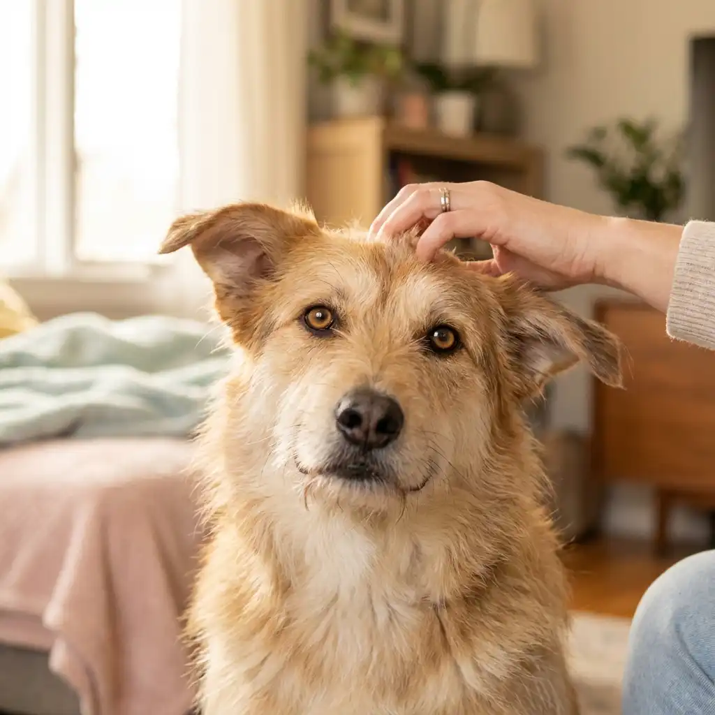 Собака смотрит в глаза хозяйке, демонстрируя доверие и привязанность