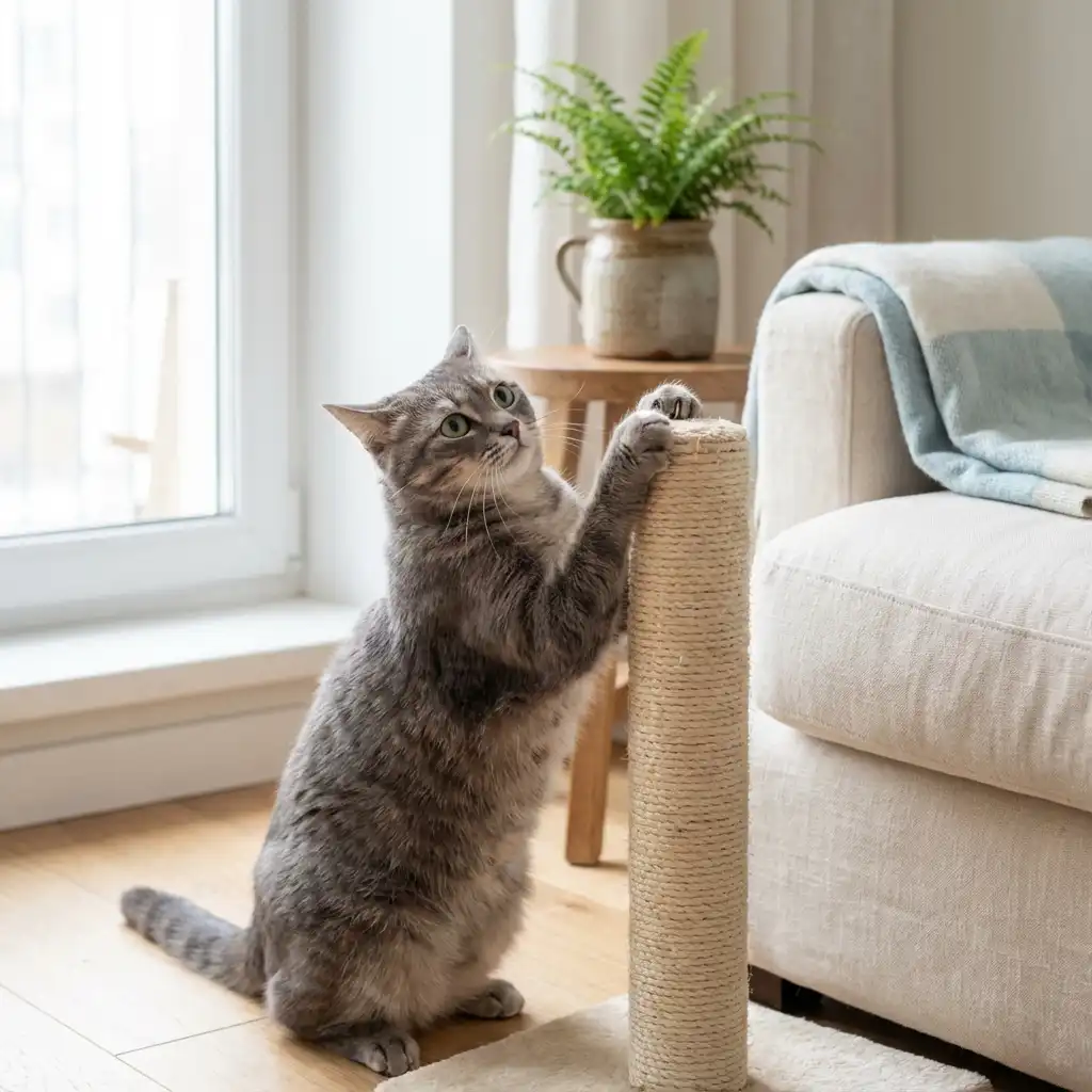 Серая полосатая кошка точит когти о когтеточку в домашней обстановке
