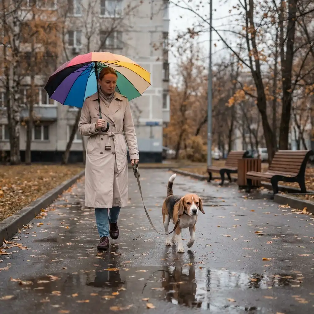 Женщина выгуливает собаку под дождем в городском парке