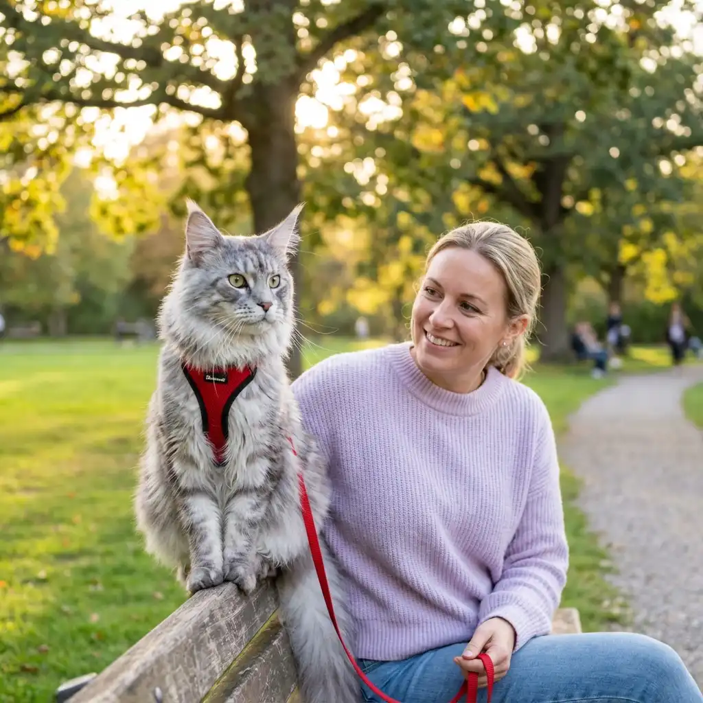 Мейн-кун на шлейке сидит рядом с хозяйкой на скамейке в парке