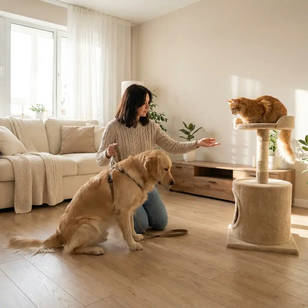 Первая встреча кошки и собаки под присмотром хозяйки в гостиной