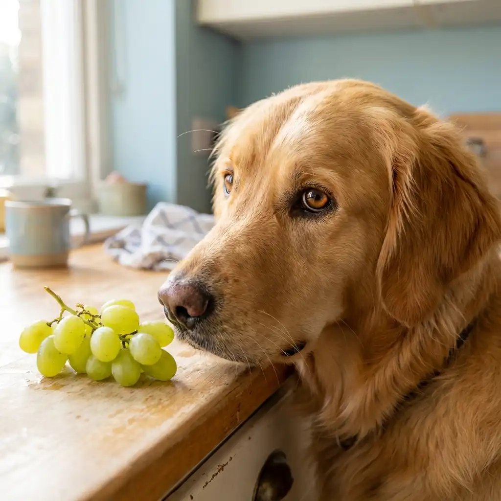 Собака с любопытством смотрит на виноград на кухонном столе