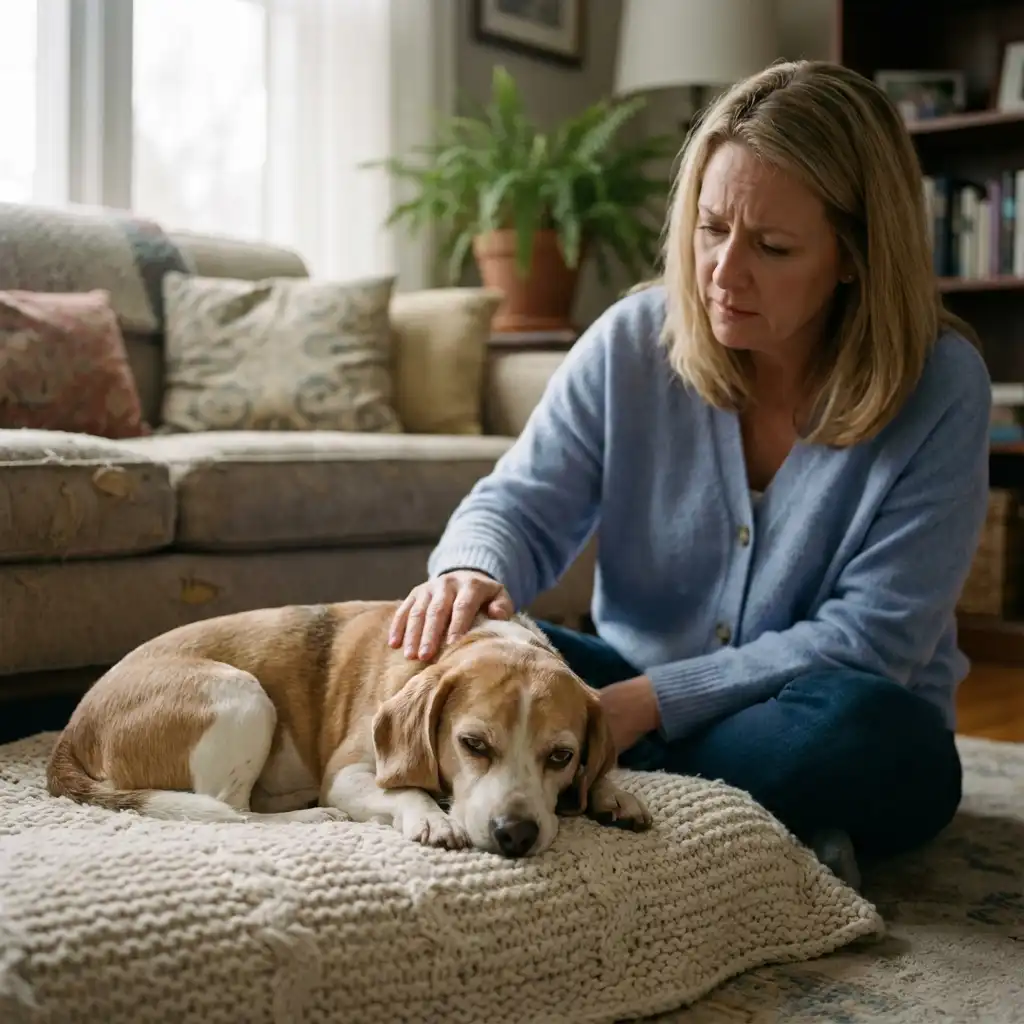 Больная вялая собака лежит на подстилке дома рядом с заботливой хозяйкой