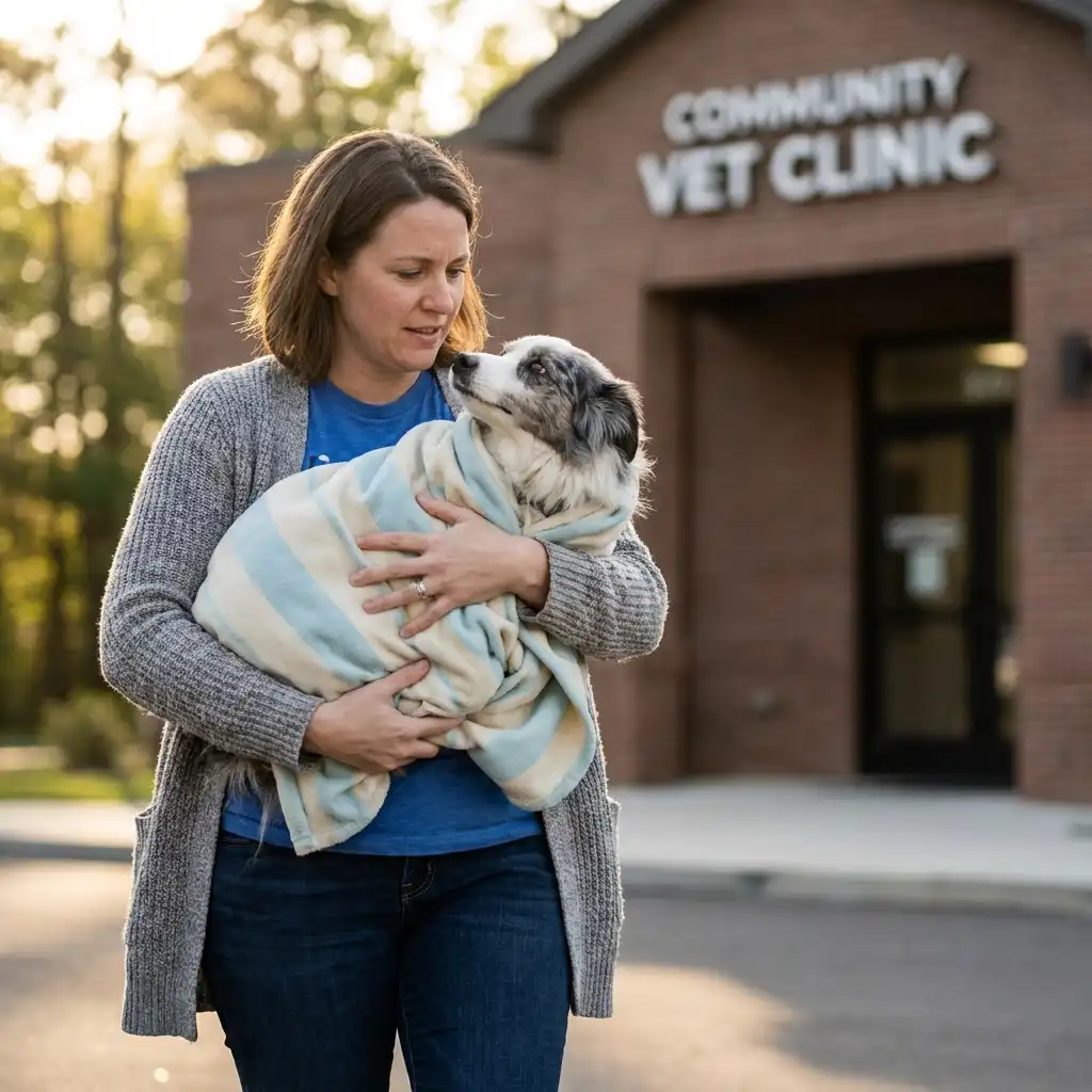 Владелица несёт собаку в ветеринарную клинику для срочной помощи