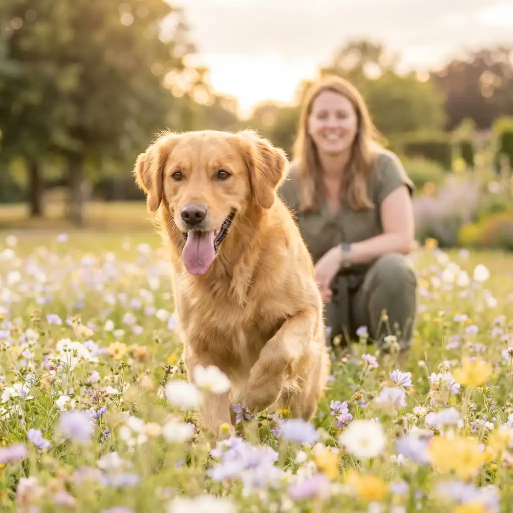 Здоровая счастливая собака радостно бегает на природе после выздоровления