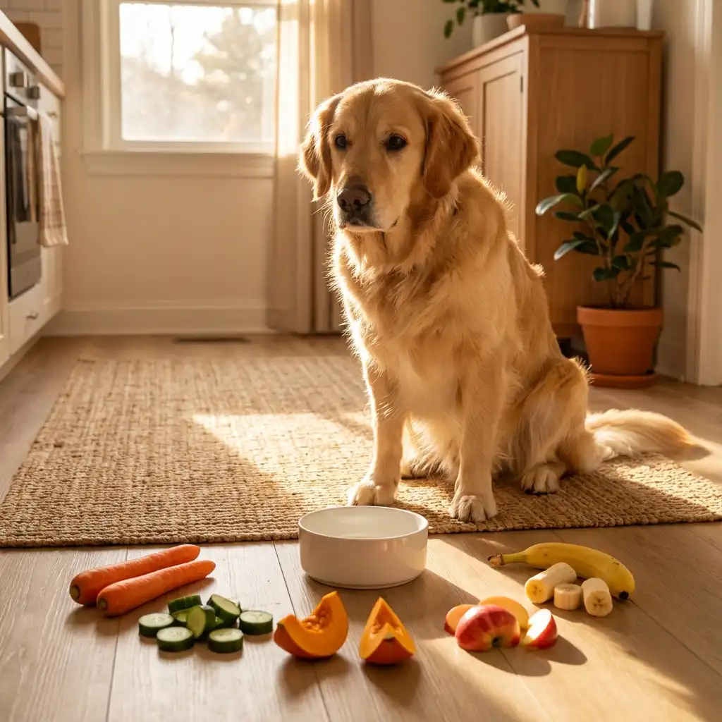 Собака сидит на кухне в окружении свежих овощей и фруктов