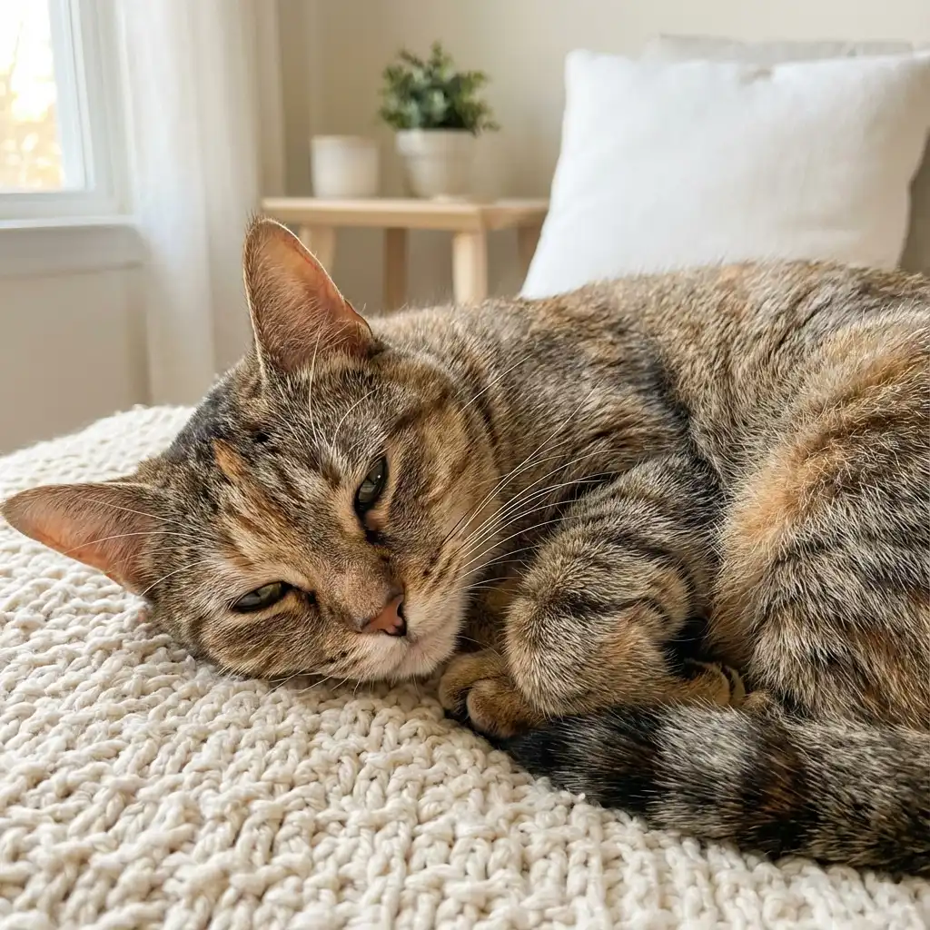 Домашняя кошка отдыхает на мягком пледе в уютной комнате