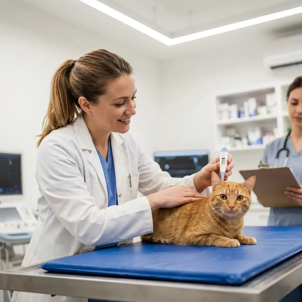 Ветеринар осматривает кошку в клинике, измеряя температуру