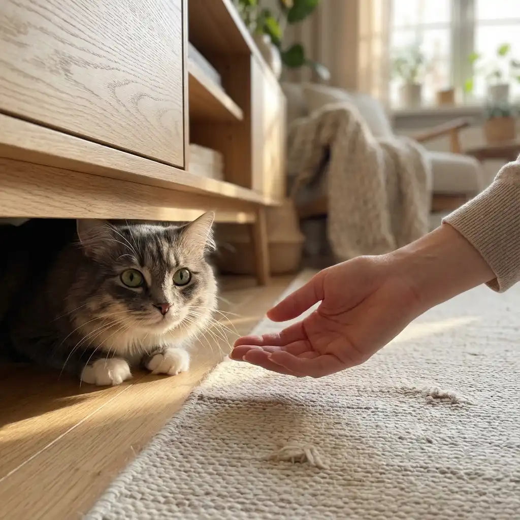 Кошка прячется под мебелью, владелец протягивает руку для успокоения