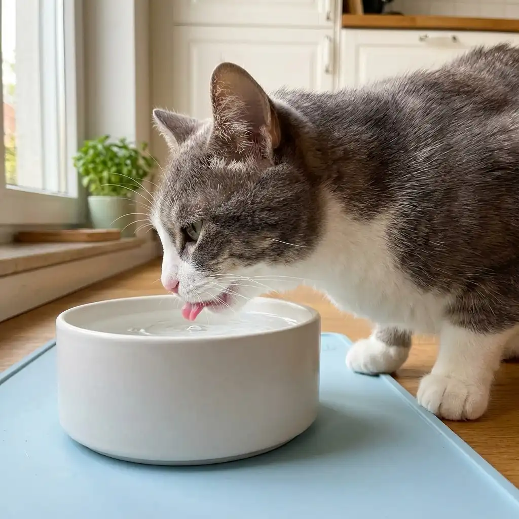 Кошка пьёт воду из миски на кухне