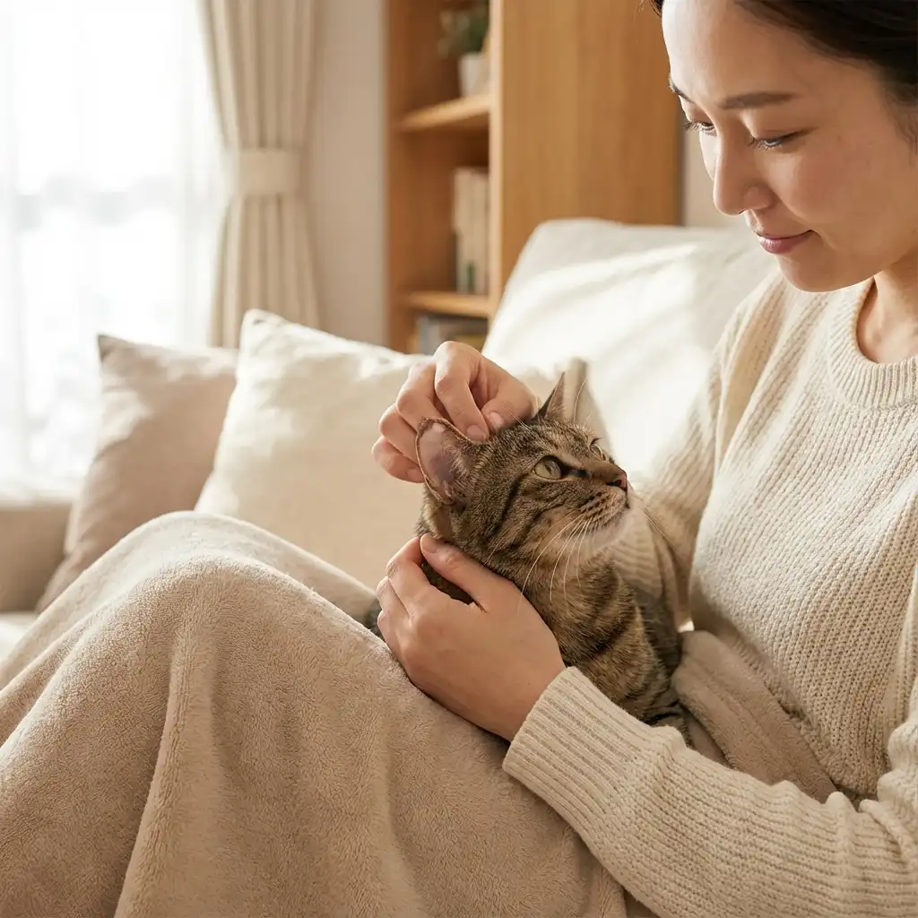 Женщина осматривает кошку с признаками лишая дома