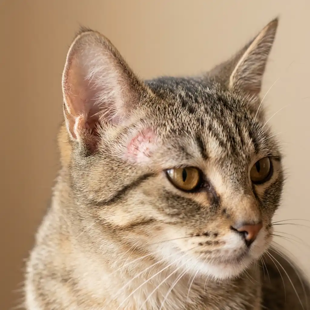 Круглая залысина на ухе кошки — характерный признак лишая