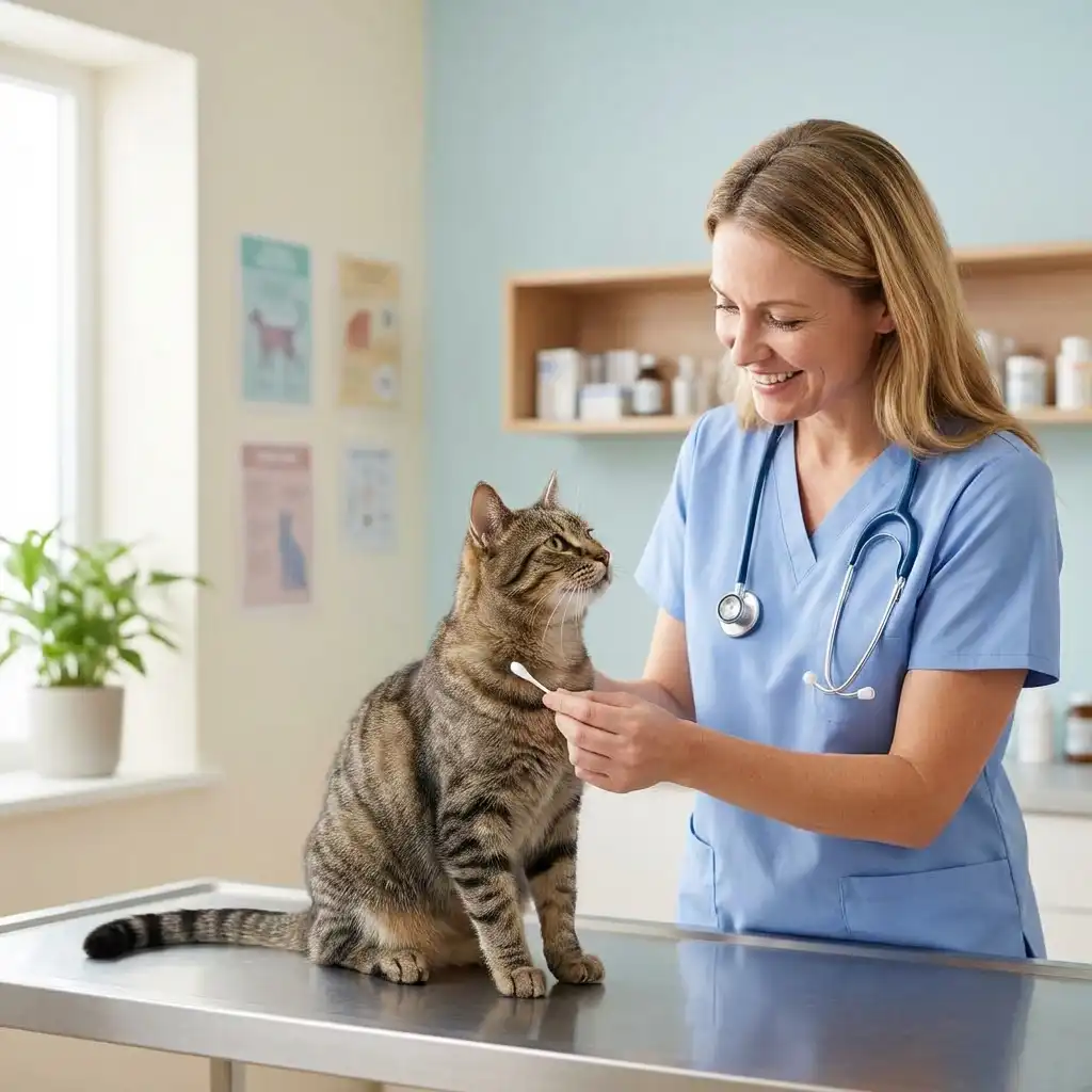 Ветеринар проводит лечение кошки от лишая в клинике