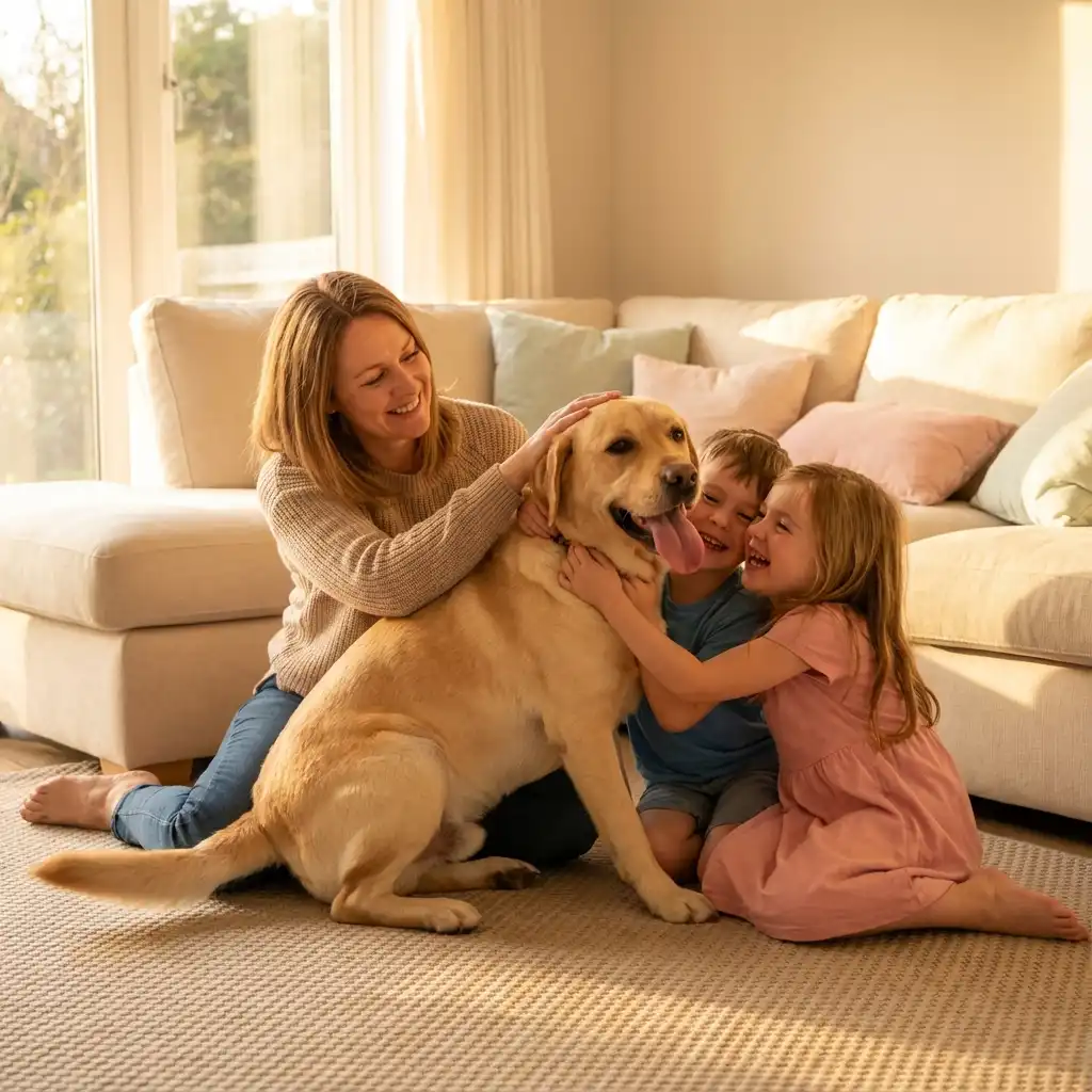 Семья с детьми играет с лабрадором-ретривером в уютной гостиной