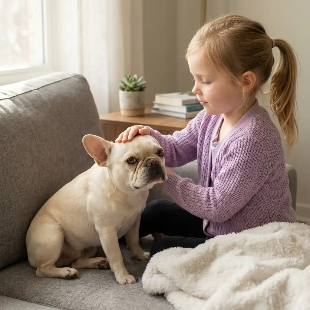 Французский бульдог с ребёнком на диване в квартире
