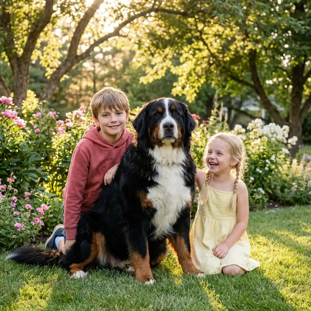 Бернский зенненхунд с детьми в саду на природе