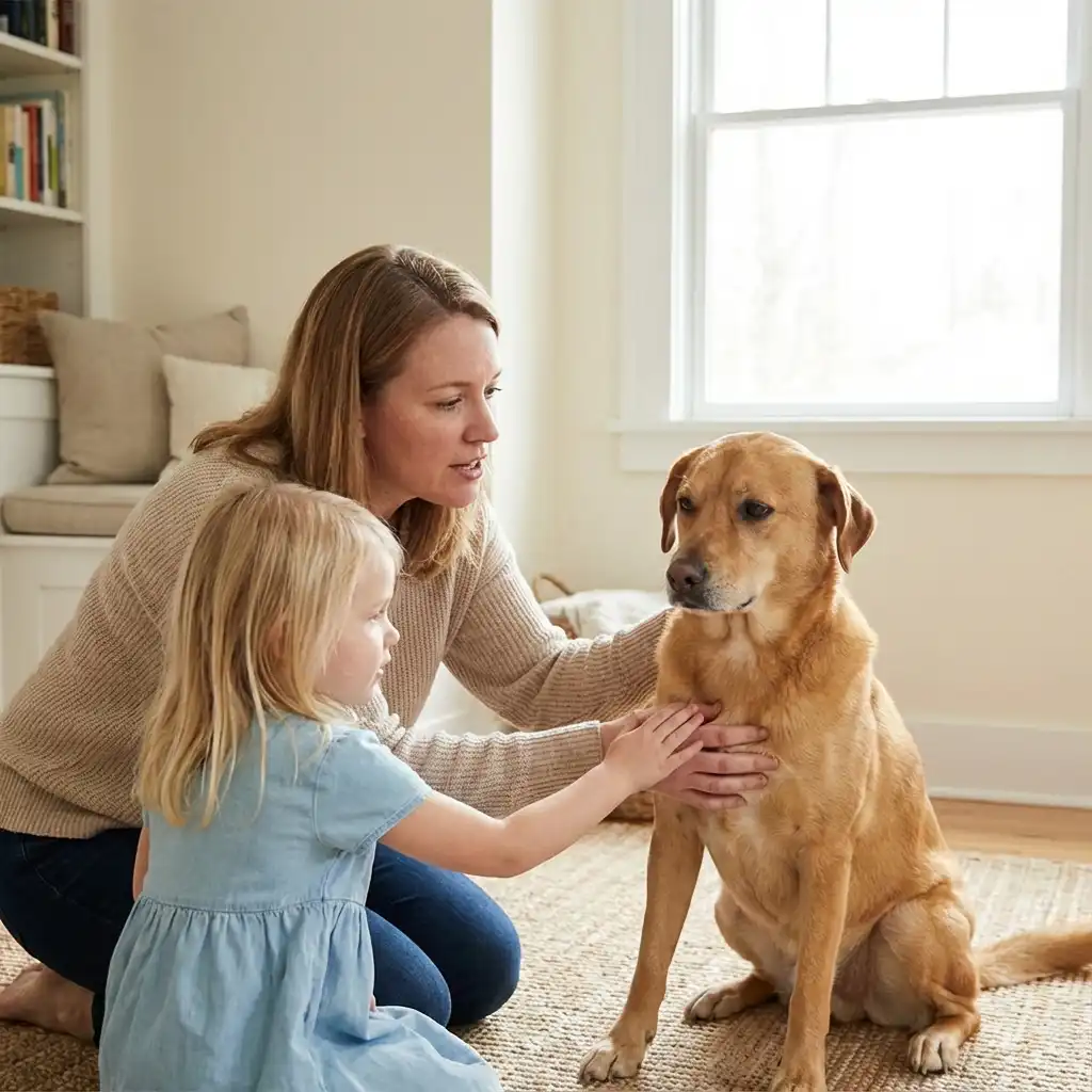 Мама учит ребёнка правильному общению с собакой дома