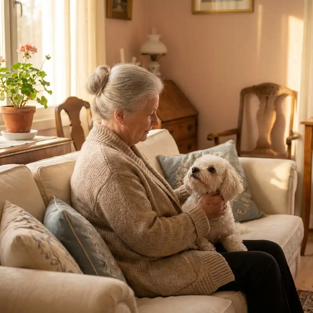 Пожилая женщина обнимает маленькую собаку на диване в уютной гостиной