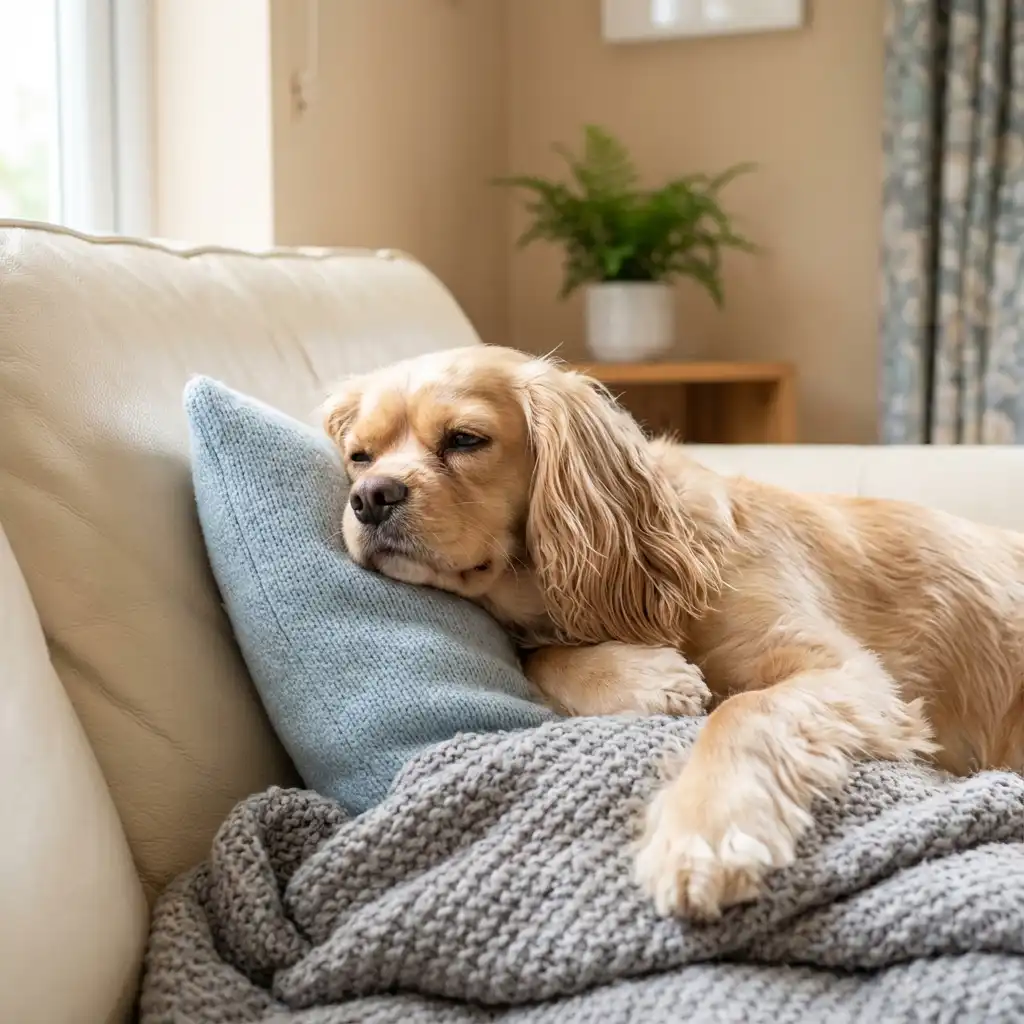 Спокойная собака отдыхает на мягком диване с подушками